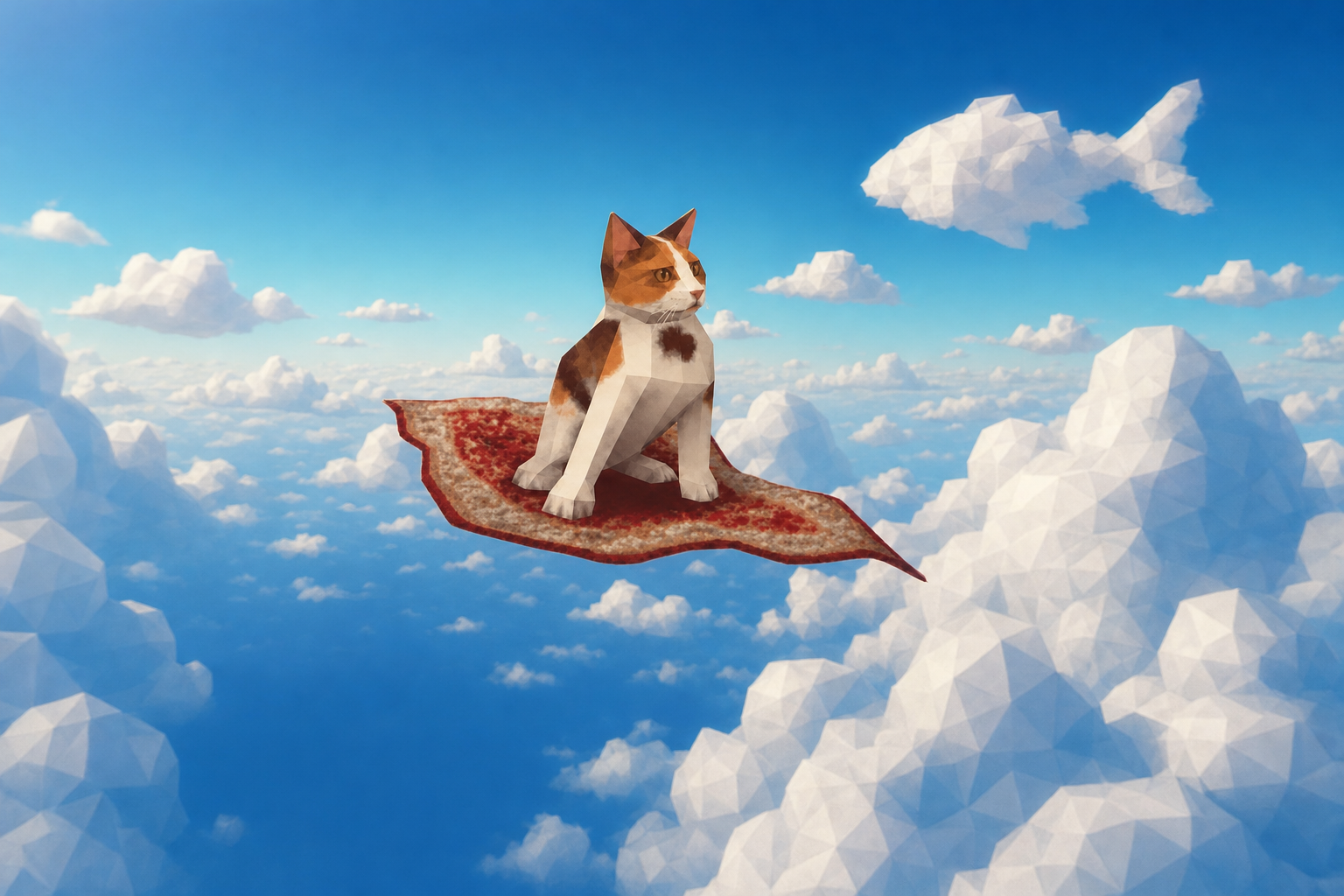 Carpet Cat, a calico cat on a red flying rug, high above the clouds while a fish-shaped cloud swims ahead